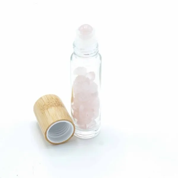 Gemstone Essential Oil Roller Bottle - Rose Quartz  - Wooden Cap