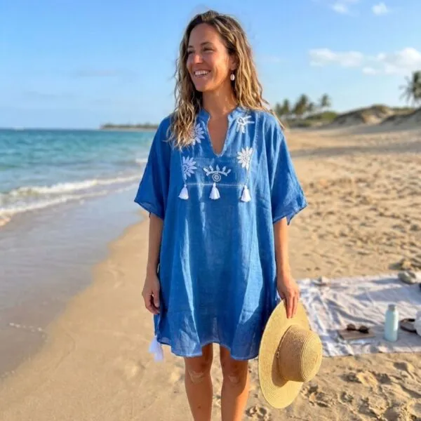 Nomad Sari On the Med Collection - Kaftan - Blue with Cream Embroidery and Tassels