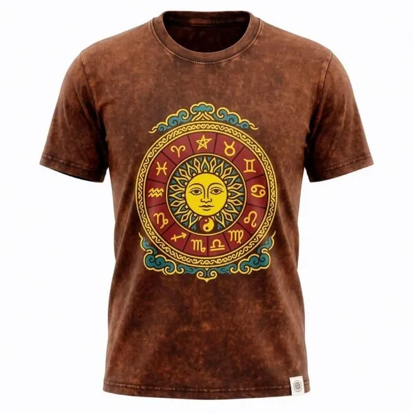 Nomad Sari Stonewashed Cotton T-Shirt - Sun and Zodiac - Brown - XL