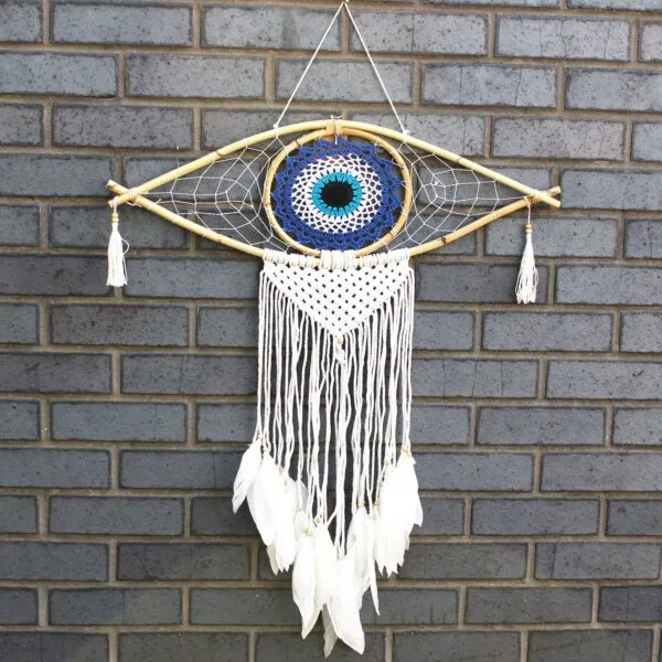 Protection Dream Catcher - Large Macrame Evil Eye Blue/White/Black