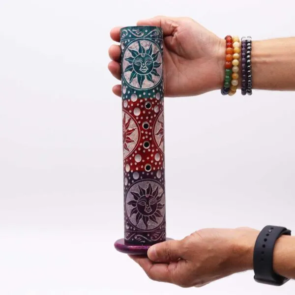 bG9jYWw6Ly9tZWRpYS9TUC80RC82MFIzMEMxRzZXVDM0RFNQLzAzNjYyMWVlLmpwZWc.webp Soapstone Round Tower Incense Holder - Suns