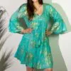 Nomad Sari Turquoise and Gold Coral Print Dress (M/L)