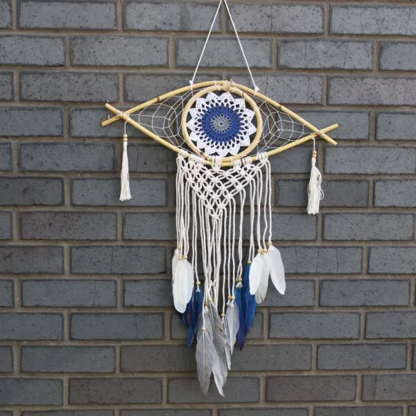 Protection Dream Catcher - Compact Macrame Evil Eye White/ Blue/Grey