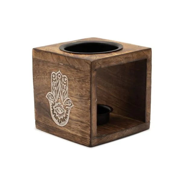 bG9jYWw6Ly9tZWRpYS9TUy9HQy82MFIzMEMxSjY0VjNHQ1NTLzViZTI5NjBiLmpwZw.webp Square Mango Wood Oil Burner - Hamsa
