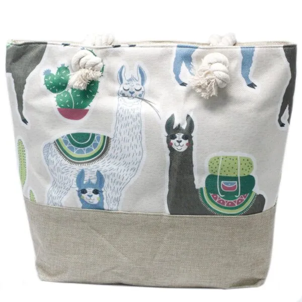 Light beige linen canvas tote bag featuring colourful alpaca illustrations and braided rope handles.