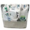 Llama print canvas tote bag with a beige burlap base and natural rope handles.