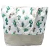 Off-white canvas tote bag featuring a cactus print, beige linen base, and rope handles.