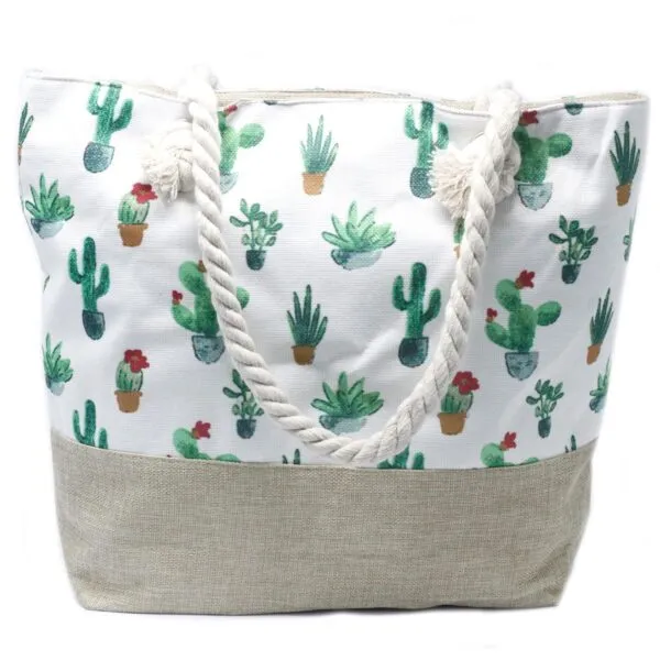 Off-white canvas tote bag featuring a cactus print, beige linen base, and rope handles.