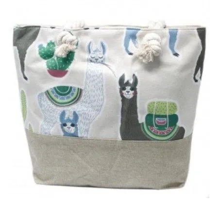 Beige cotton canvas beach tote bag with colourful cartoon llama print and rope handles.