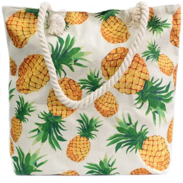 Light beige woven beach tote bag with a pineapple pattern and thick rope handles.