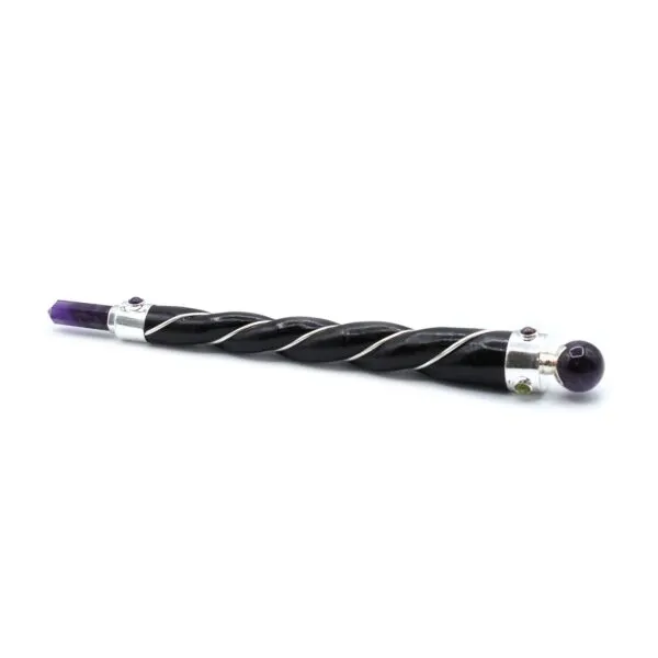 Magical Crystal Wand Wire Wrapped Black Dual Gemstones A black wire-wrapped magical crystal wand featuring purple and green gemstones.