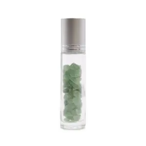 Clear glass rollerball bottle filled with green aventurine chip stones and a silver cap.
