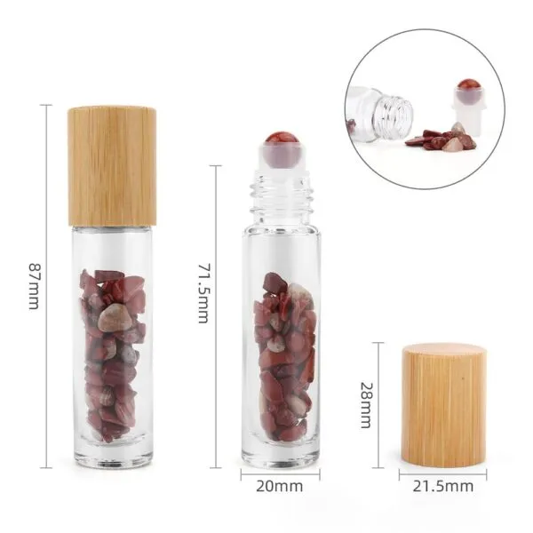 Red jasper glass gemstone roller bottle with wooden cap showing product dimensions.