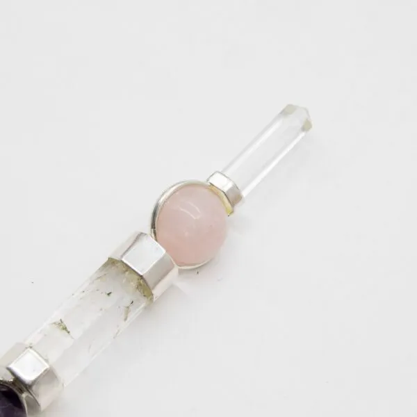 Crystal Healing Wand Rose Quartz Pink Silver Clear Point Handcrafted pink rose quartz cabochon crystal healing wand with a clear quartz point.