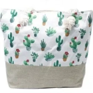 Cream canvas beach tote bag featuring a cactus pattern, taupe base and rope handles.