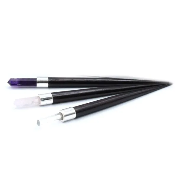 Crystal Healing Wand Set Quartz Gemstone Black Trio Pack Three black crystal healing wands with faceted amethyst, clear quartz, and rose quartz tips.