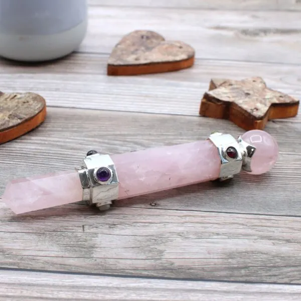 Crystal Healing Wand Rose Quartz Pink Gemstone Accents Rose quartz crystal healing wand featuring silver fittings, amethyst and garnet gemstones.