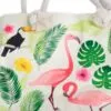 Cream woven canvas beach tote bag featuring a tropical flamingo print and rope handles.