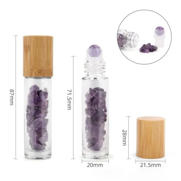Amethyst crystal glass roller bottles with wooden caps and product dimensions.