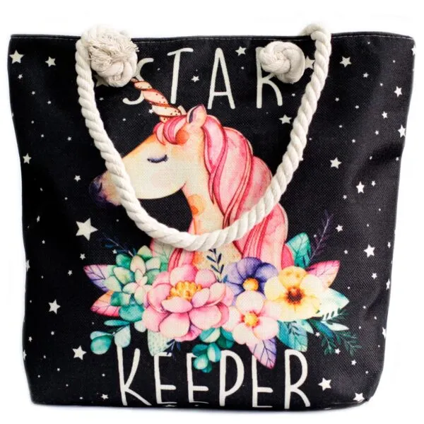 Black canvas tote bag with cream rope handles and a Star Keeper unicorn design.