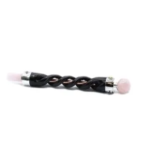 Handcrafted rose quartz crystal wand with a black spiral twist and copper core.