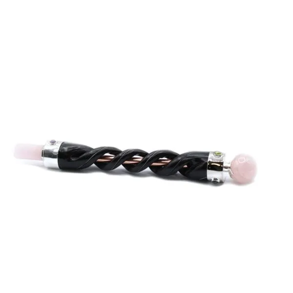 Crystal Wand Rose Quartz Black And Copper Spiral Twist Handcrafted rose quartz crystal wand with a black spiral twist and copper core.