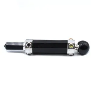 Polished black obsidian gemstone wand featuring silver accents and a conical tip.