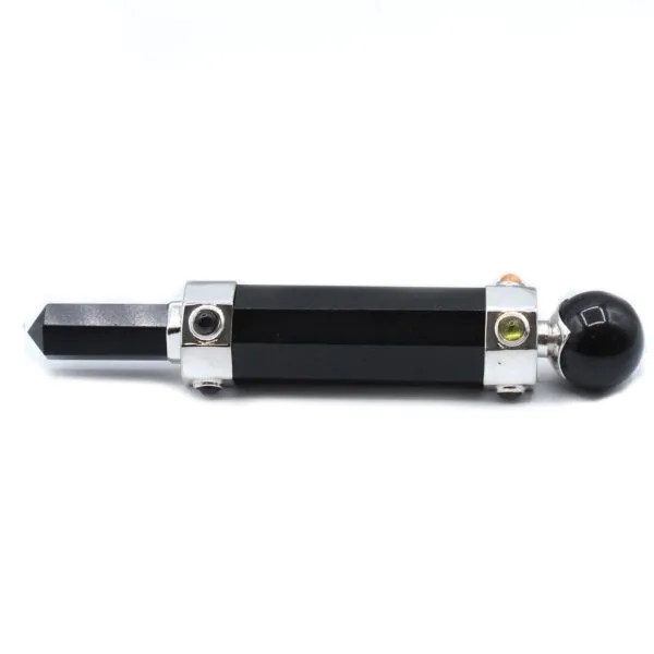 Polished black obsidian gemstone wand featuring silver accents and a conical tip.
