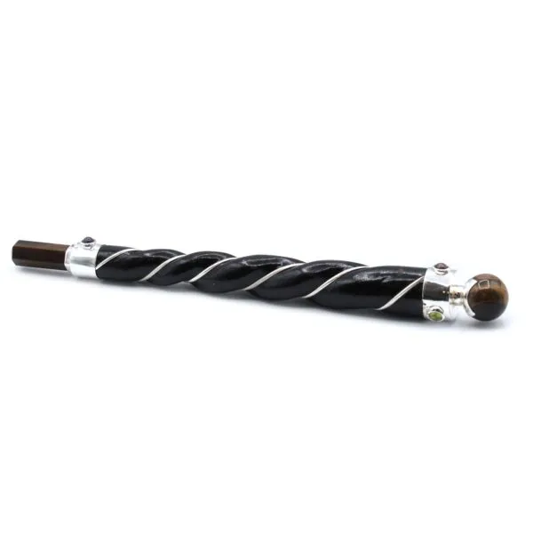 Black Obsidian Crystal Wand Silver Wire Tigers Eye Sphere Black obsidian crystal wand wrapped in silver wire, topped with a Tigers Eye sphere.