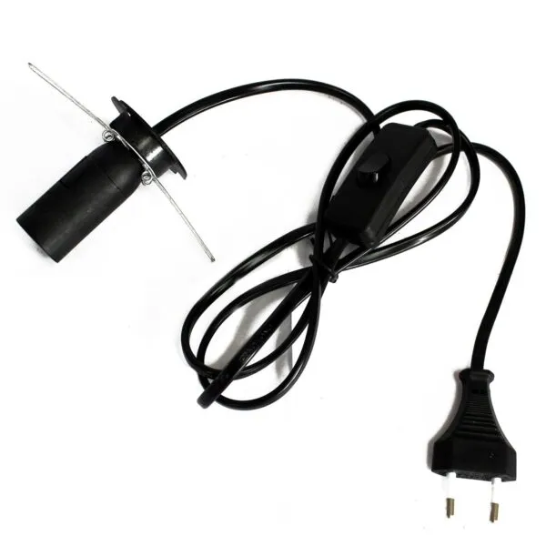 Salt Lamp Fitting Plastic Cable Black EU Plug With Switch Black salt lamp fitting with EU plug, inline switch, and metal spring clip.