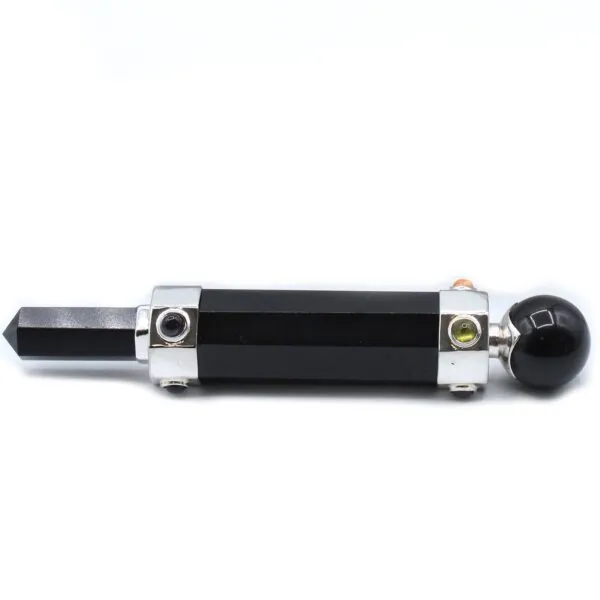 Black stone and silver multi-gemstone healing wand featuring a faceted point and sphere.