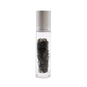 Black Tourmaline Glass Roller Bottle - Silver Screw Top Clear glass roller bottle filled with dark black tourmaline gemstone chips and silver cap.