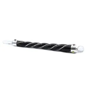 Crystal Magic Wand Twisted Wood Black Silver Quartz Point Black twisted wood magic wand with silver wire, quartz point, and crystal sphere.