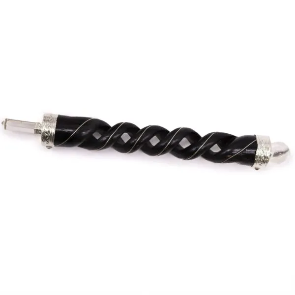 Black wood ceremonial wand with silver wire inlay, clear quartz point, and crystal sphere.