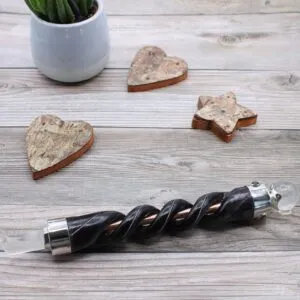 Magic Wand Twisted Wood Black Crystal Ball And Point Black twisted wooden magic wand with a clear crystal ball and point.