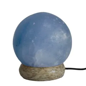 Spherical blue agate table lamp on a polished stone base.