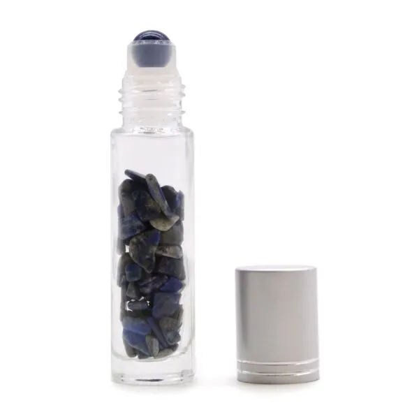 Clear glass lapis lazuli roller bottle with blue crystal chips and a silver cap.