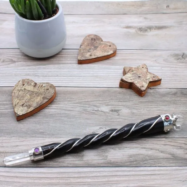 Clear Quartz Magic Wand Twisted Wood Brown Crystal Sphere Handcrafted clear quartz magic wand with twisted wood, silver wire, and a crystal sphere.