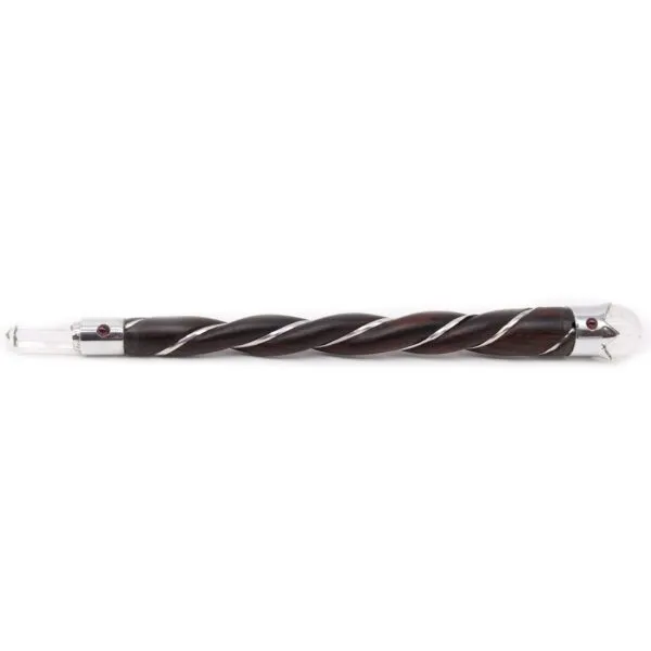 Ceremonial dark wood wand with a silver double helix twist and clear crystal points.