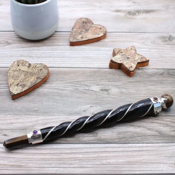Ornate Magic Wand Dark Wood and Silver Brown Tigers Eye Orb Ornate dark wood magic wand wrapped in silver wire with tigers eye crystals.
