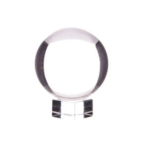 Clear 30mm crystal glass sphere resting on a transparent cubic display stand.