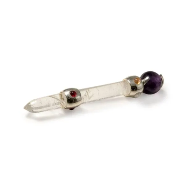 Clear quartz crystal baton featuring silver jewelled bands and a violet gemstone sphere.