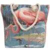 Coral red woven tapestry flamingo tote bag with cream-coloured rope handles.