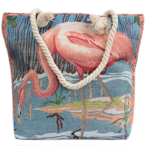 Coral red woven tapestry flamingo tote bag with cream-coloured rope handles.