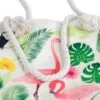 Cream canvas beach tote bag featuring a tropical pink flamingo print and rope handles.