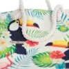 Cream canvas tropical tote bag featuring a colourful toucan print and knotted rope handles.