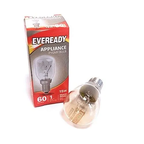 Eveready clear glass 15W pygmy appliance light bulb next to its red packaging.