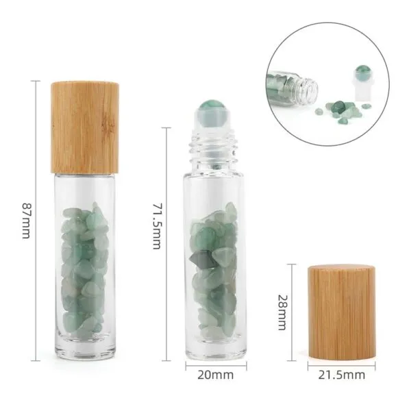 Green aventurine gemstone roller bottle with a bamboo lid and product dimensions.