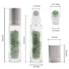 Dimension diagram of a green aventurine gemstone glass rollerball bottle and components.