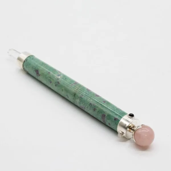 Gemstone Massage Wand Crystal Green Rose Quartz Sphere Green gemstone massage wand featuring a clear crystal point and pink rose quartz sphere.